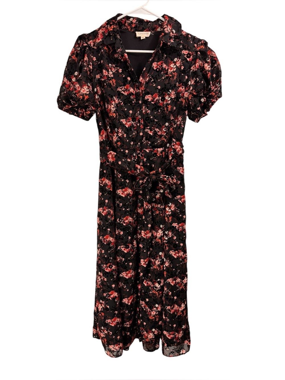 Black Floral Burnout Velvet Button Front Belted Shirt Midi Dress Size 10P